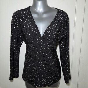 Black Cross Print Wrap‎ Top XL Stretch V Neck Long Sleeve Casual